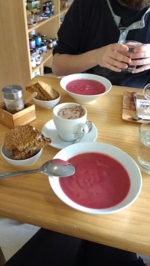 beautiful beetroot and sweet potato soup with spiced ginger bread!  at Awa Viva - Biofood in Gran Canaria
