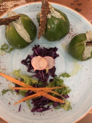 Figs with cashew and spirulina cream  at L'Orto Gia Salsamentario in Turin
