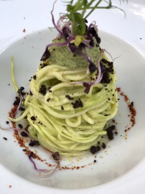 Raw courgette spaghetti with cashew cream at L'Orto Gia Salsamentario in Turin