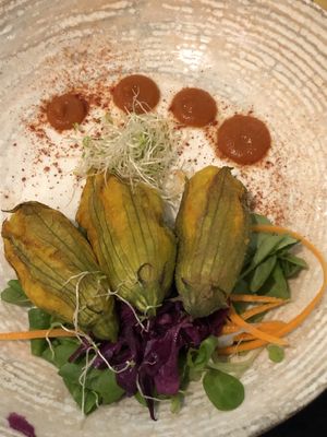 Tofu-stuffed courgette flowers at L'Orto Gia Salsamentario in Turin