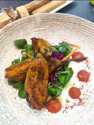 Flores de calabacin relleno at L'Orto Gia Salsamentario in Turin