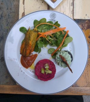 Appetizers : fig with cream, stuffed zucchini flower, tartare at L'Orto Gia Salsamentario in Turin