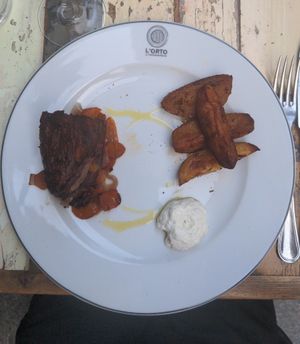 Second course : marinated seitan, potatoes and chive mayonnaise at L'Orto Gia Salsamentario in Turin