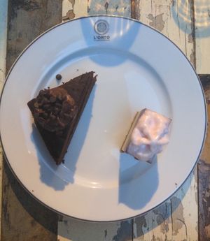 Desserts : chocolate cake and raw blueberry cake at L'Orto Gia Salsamentario in Turin