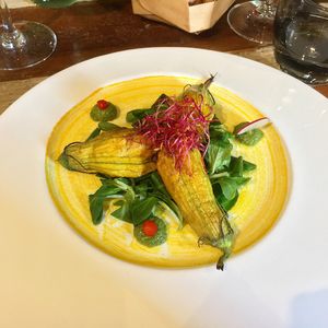 Filled zucchini flowers at L'Orto Gia Salsamentario in Turin