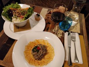 Amazing salad and pasta dish at L'Orto Gia Salsamentario in Turin