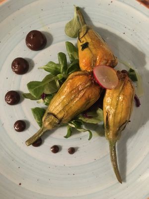 Tofu stuffed courgette flowers at L'Orto Gia Salsamentario in Turin