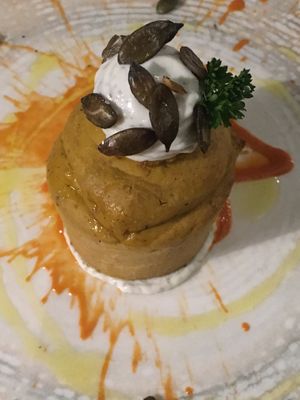 Pumpkin and tofu soufflé  at L'Orto Gia Salsamentario in Turin