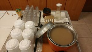 soup, tea, water and Maxim dairy instant coffee at Jeoksubang - 적수방 in Seoul