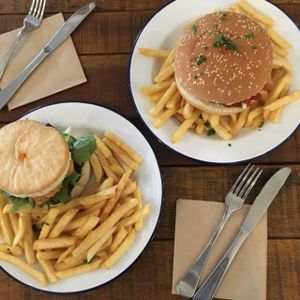 double cheeseburger and fishless on GF bun at Bonta Vera in Minmi