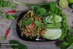 Vegan pork spicy salad.  at Veggie Chef in Bangkok