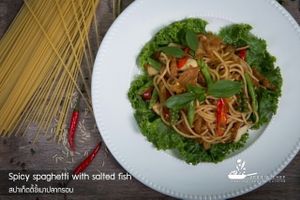 Spicy spaghetti with vegan salted fish at Veggie Chef in Bangkok