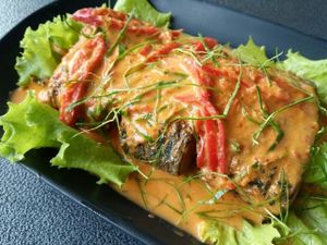 Deep fried Vegan fish with red curry at Veggie Chef in Bangkok