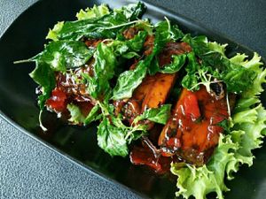 Deep fried vegan fish with sweet and spicy sauce at Veggie Chef in Bangkok