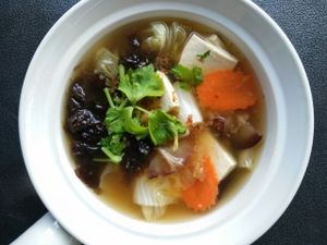 Clear soup with vegetable, seaweed and soft tofu at Veggie Chef in Bangkok
