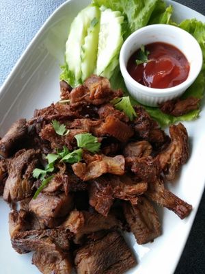 Deep fried shitake mushroom stipe at Veggie Chef in Bangkok