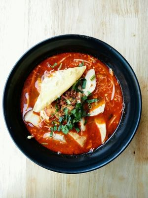 Spicy rice noodle soup at Veggie Chef in Bangkok