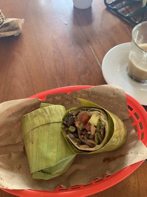Vegan burrito wrapped in banana leaves!  at Burrito Amor in Tulum