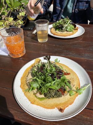 Chickpeas pancake and carrot ginger juice   at SUE in Rotterdam