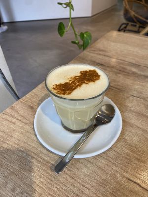 Curcuma latte with oatmilk: very good  at SUE in Rotterdam