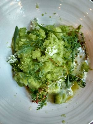 Spruce shoot 'granita' with pine cream and almond milk cream at Grön Restaurant in Helsinki