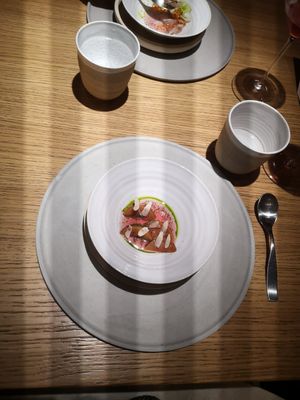 The most beautiful dish💗Preserved plums in garden berry juice at Grön Restaurant in Helsinki