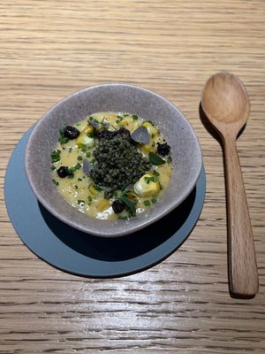 Corn, tonburi seeds  at Grön Restaurant in Helsinki