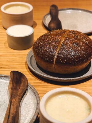 Fennel pollen focaccia bread and whipped almond butter at Grön Restaurant in Helsinki