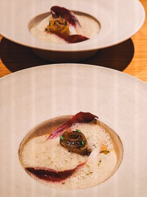 BBQ golden beet rosette, pumpkin, chestnuts and seabuckthorn at Grön Restaurant in Helsinki