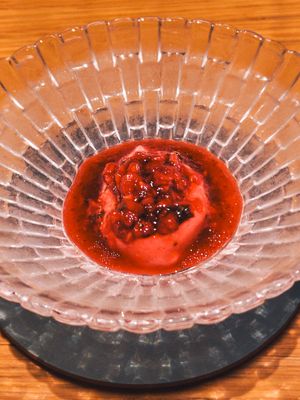 Preserved raspberries, lemon balm and vanilla at Grön Restaurant in Helsinki