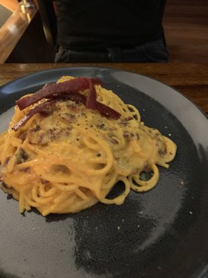 Spaghetti carbonara. Delicious  at Osteria Italiana in Clifton Hill