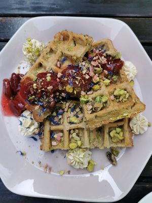 chia waffles with pistachio cream and jam at NOP in Tallinn