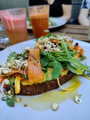 Avocado fermented veggies, sprouts bread at NOP in Tallinn