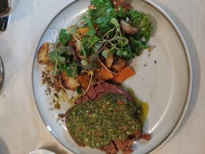 Vegan Steak with salad and potatoes at NOP in Tallinn