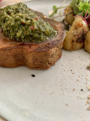 Close up on the fake steak with sauce, amazing taste and texturee  at NOP in Tallinn