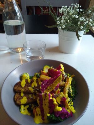 Tempeh and vegetables. (marinated cauliflower, kimchi raddish, kale) at NOP in Tallinn