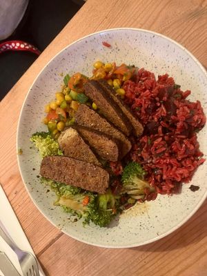Tofu with three salads  at The Natural Food Deli in Petersfield