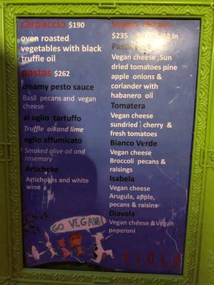 Vegan menu  at Piola in Playa Del Carmen