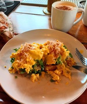 Eggs Benedict on their awesome biscuits and amazing chai latte at Reverie Cafe + Bar in Minneapolis