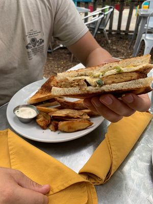 kimcheese sandy😄w potat wedges  at Reverie Cafe + Bar in Minneapolis