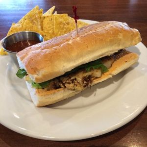 cauliflower po boy with chips and salsa at Reverie Cafe + Bar in Minneapolis