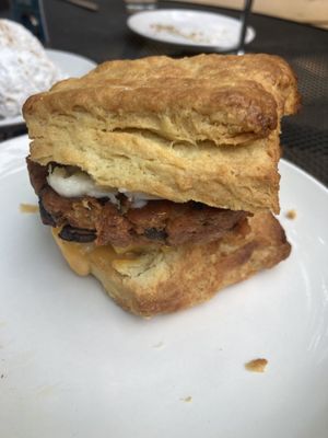 Biscuit breakfast sandwich had to be eaten with a fork and knife!  at Reverie Cafe + Bar in Minneapolis