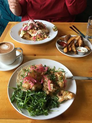 GF cauliflower tacos, potato wedges, nachos at Reverie Cafe + Bar in Minneapolis