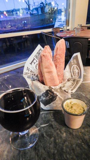 christmas ale and bread with humus at Bryggjan Brugghus in Reykjavik