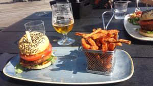 Veggie burger and fries. at Bryggjan Brugghus in Reykjavik