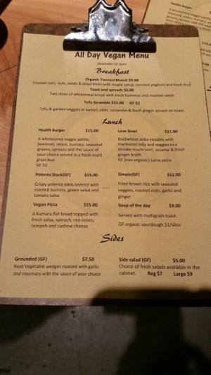 Vegan menu at Naturalley Organic Cafe in Dunedin