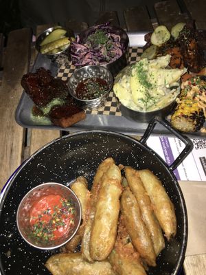 BBQ plate and Fried pickles   at Lucky Pig - Paradise Palms in Edinburgh