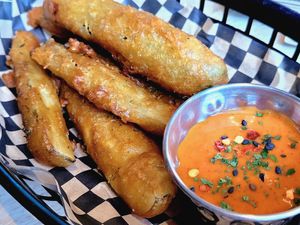 Frickles (lol) – fried pickles with homemade dressing at Lucky Pig - Paradise Palms in Edinburgh