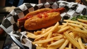 dog & fries adapted for a five year old.  at Lucky Pig - Paradise Palms in Edinburgh