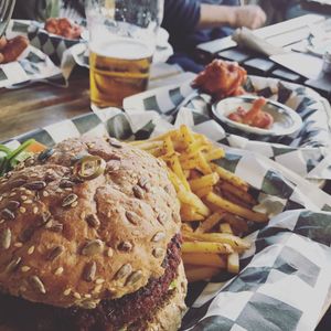 Seitan Burger, Fries & BBQ Cauliflower at Lucky Pig - Paradise Palms in Edinburgh
